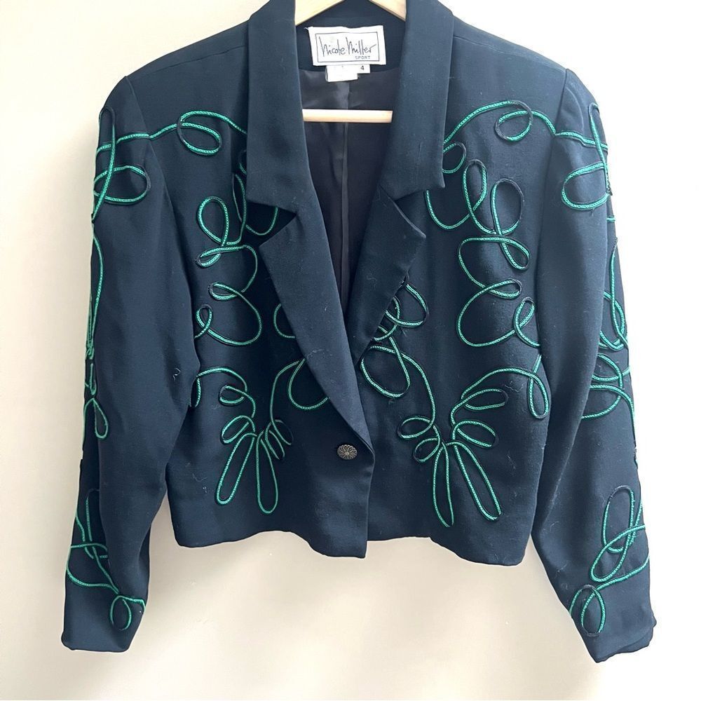 Nicole Miller Black Cropped Blazer with Green Embroidered Rope Detail